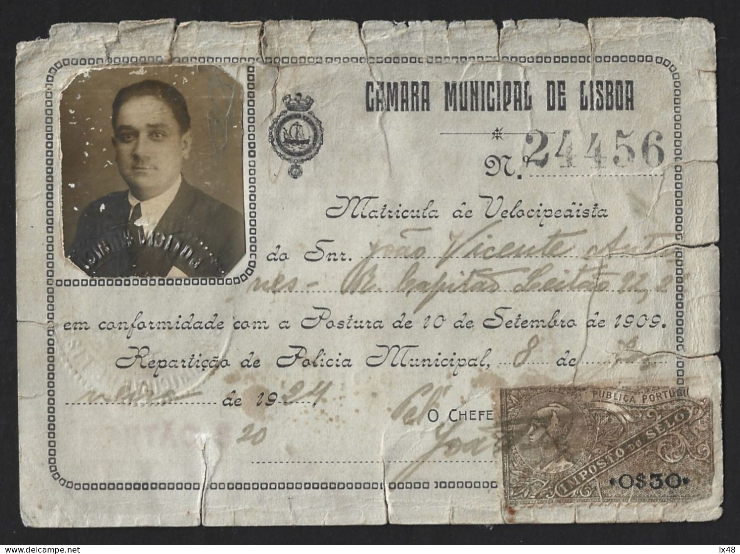 Bicycle License From Lisbon City Council From 1924. Cycle Registration. Obliteration Of Inspection. Licença De Bicicleta - Bikes & Mopeds