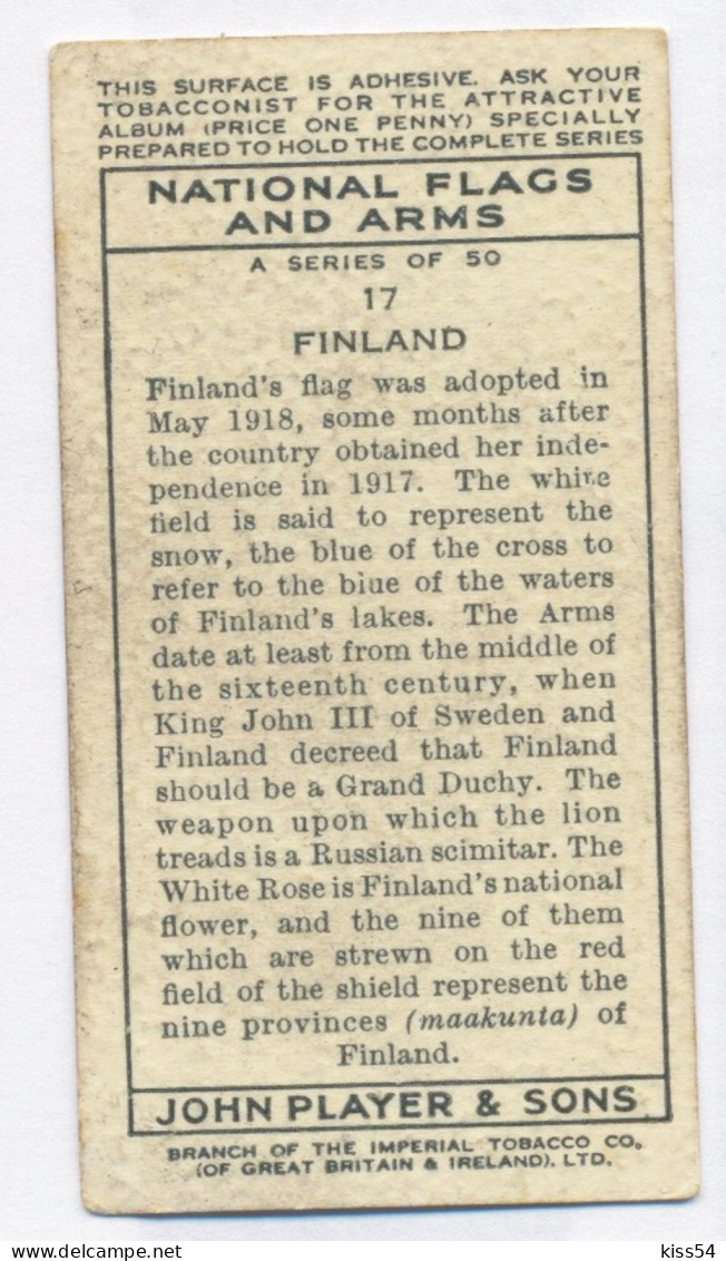 FL 15 - 17-a FINLAND National Flag & Emblem, Imperial Tabacco - 67/36 Mm - Objets Publicitaires