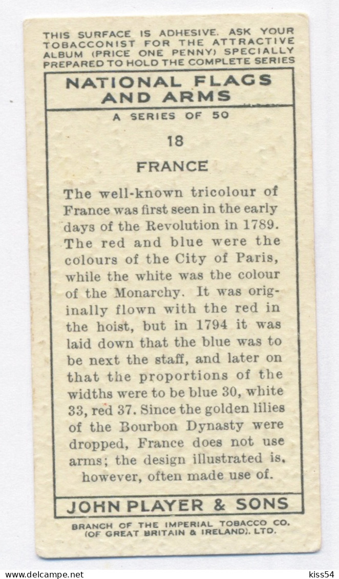 FL 15 - 18-a FRANCE National Flag & Emblem, Imperial Tabacco - 67/36 Mm - Articoli Pubblicitari