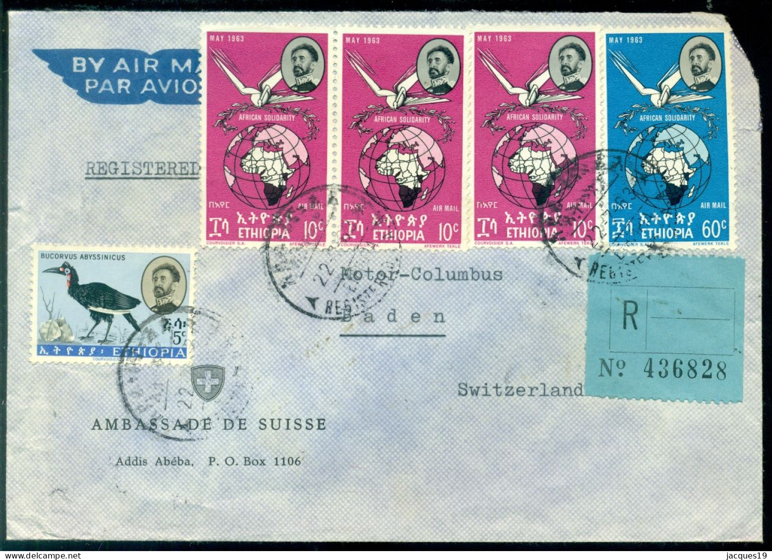 Ethiopia 1963 Registered Airmail Cover To Switserland Mi 425 452 (3) And 454 - Ethiopie