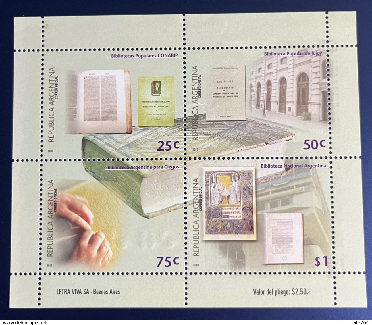 Argentina 2000 Bibliotecas Argentinas, GJ 3037/40 (Hb 129), Sc 2100, Mi Bl 70,  MNH. - Nuevos