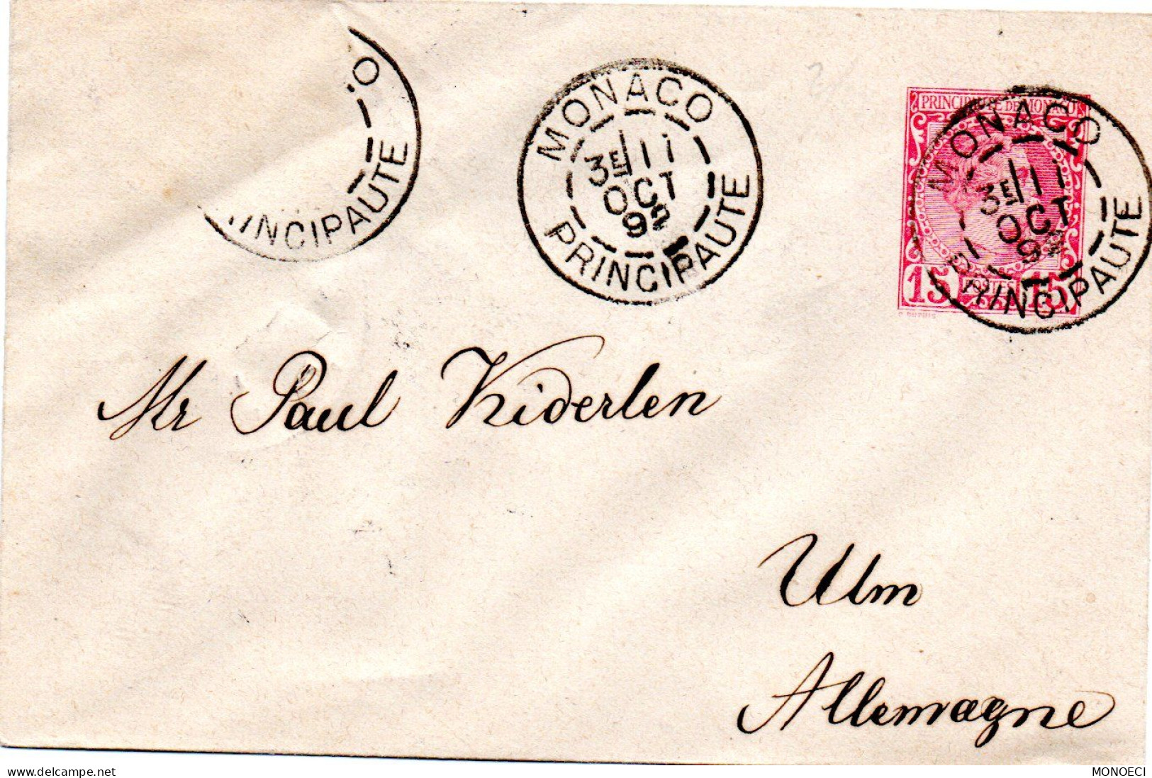 MONACO -- MONTE CARLO -- Entier Postal -- Enveloppe 15 C. Carmin Sur Blanc 1886 (116 X 76) - Entiers Postaux