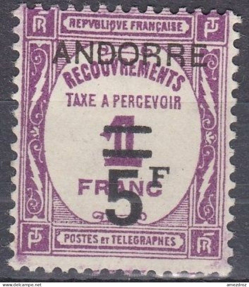 Andorre Français 1931-1932 Taxe N° 13 MH * 5 Francs Sur 1 Franc (J10) - Neufs