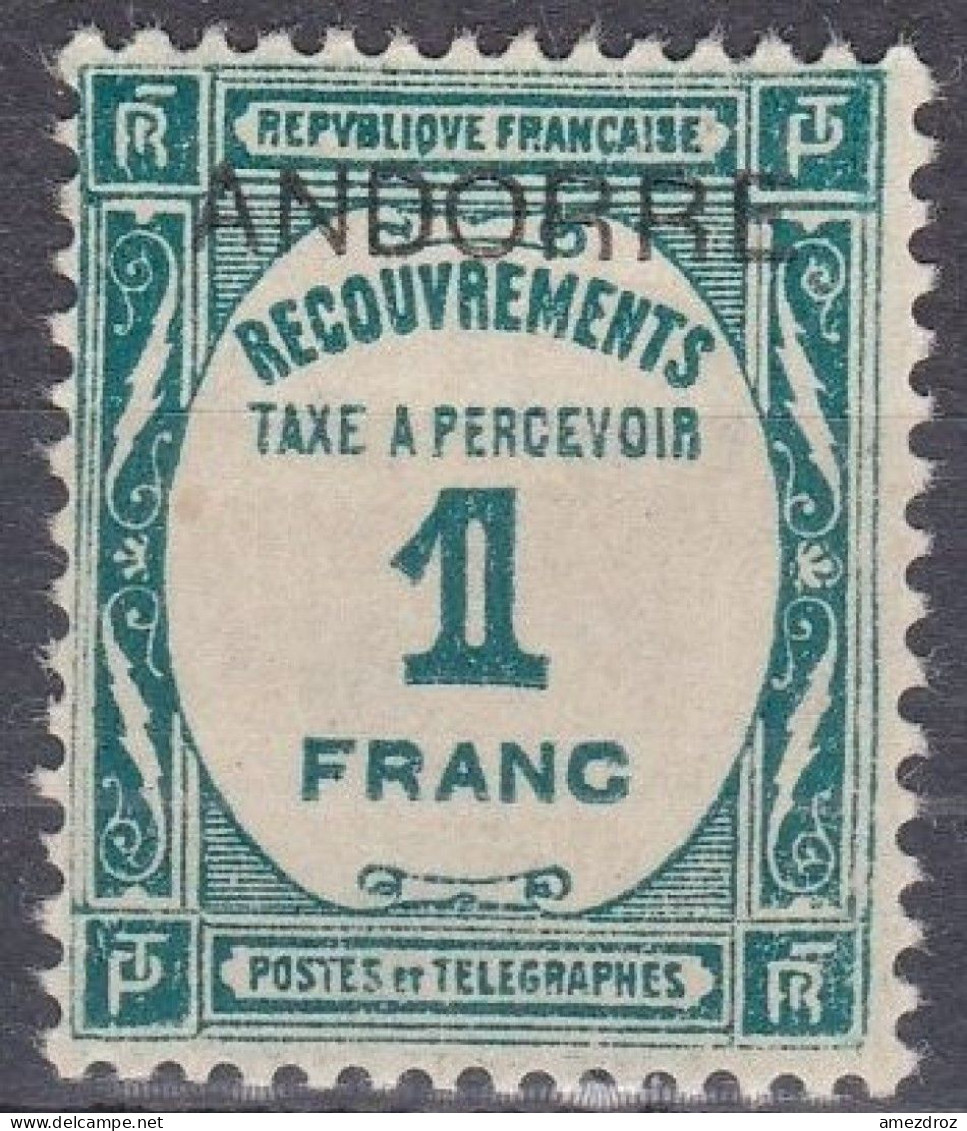 Andorre Français 1932 Taxe N° 14 MH * 1 Franc Vert Bleuâtre (J10) - Neufs