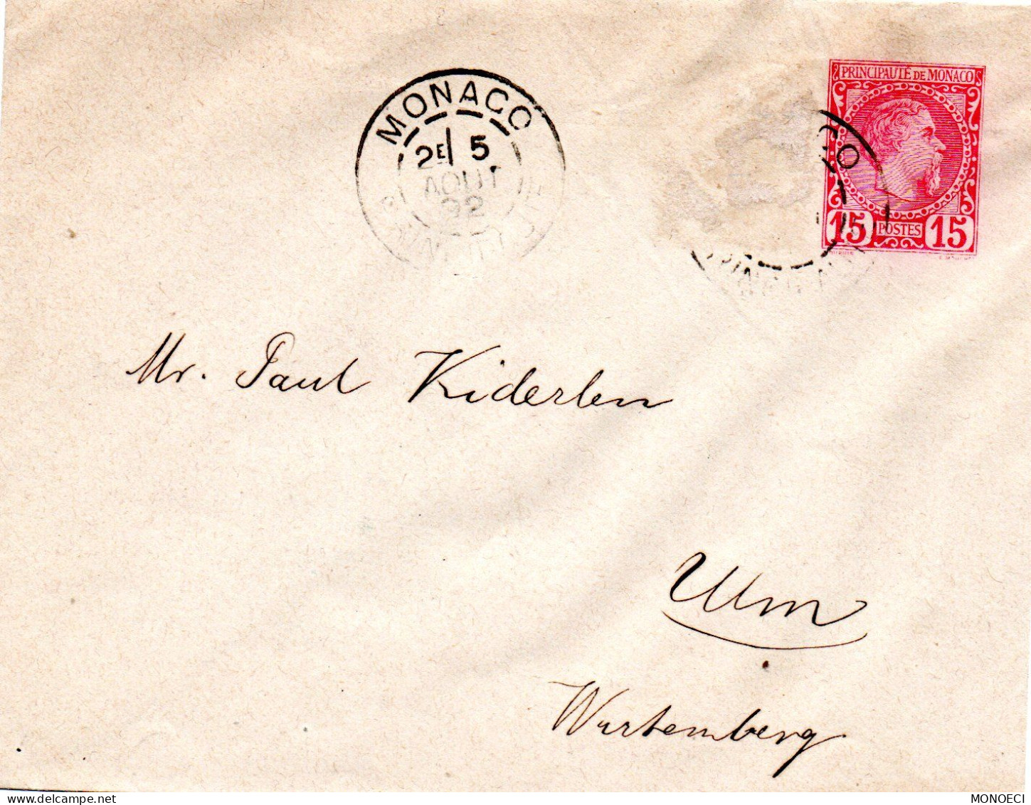 MONACO -- MONTE CARLO -- Entier Postal -- Enveloppe 15 C. Carmin Sur Blanc 1886 (123 X 96) - Postal Stationery