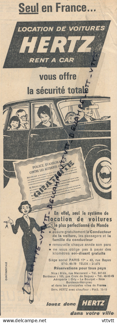 Ancienne Publicité (1960) : HERTZ, Seul En France Hertz Vous Offre La Sécurité Totale, Location De Voitures, Rent A Car - Publicités