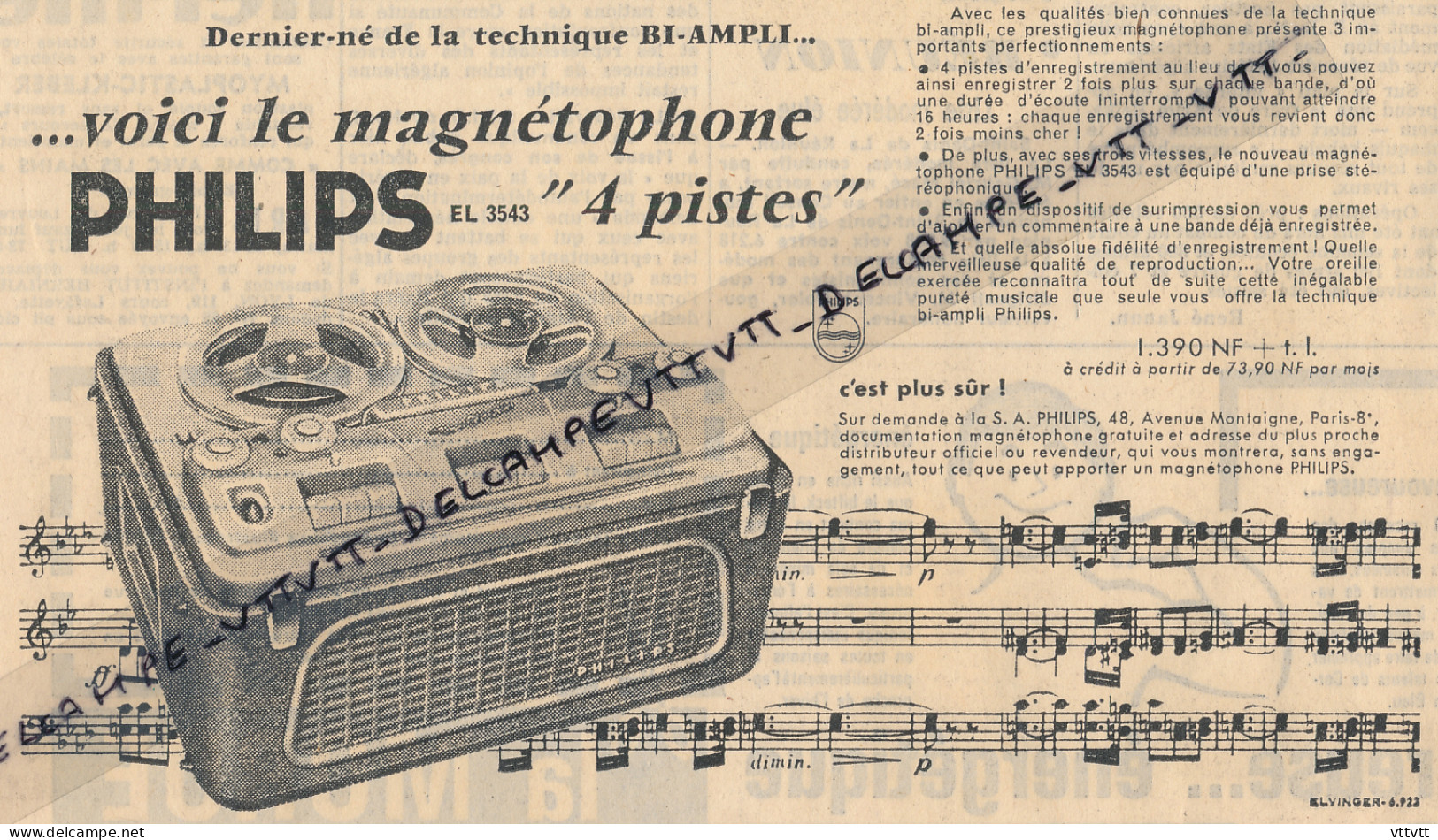 Ancienne Publicité (1960) : PHILIPS, Voici Le Magnétophone EL 3543 "4 Pistes", Dernier-né De La Technique BI-AMPLI - Publicités