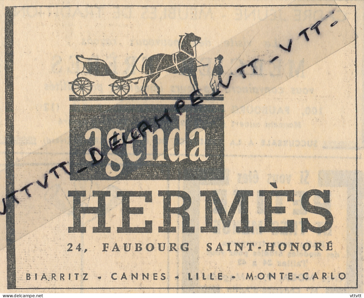 Ancienne Publicité (1960) : HERMES, Agenda, 24, Faubourg Saint-Honoré, Paris, Biarritz, Cannes, Lille, Monte-Carlo - Publicités