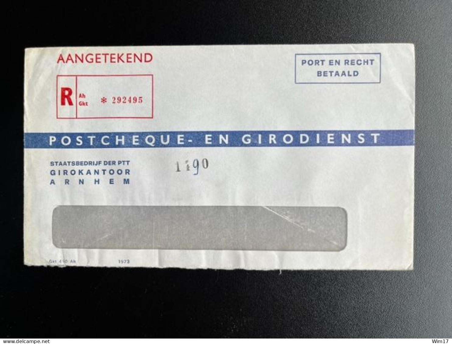 NETHERLANDS 1973 REGISTERED ENVELOPE POSTCHEQUE- EN GIRODIENST NEDERLAND AANGETEKEND POSTGIRO GKT 460 AH - Storia Postale