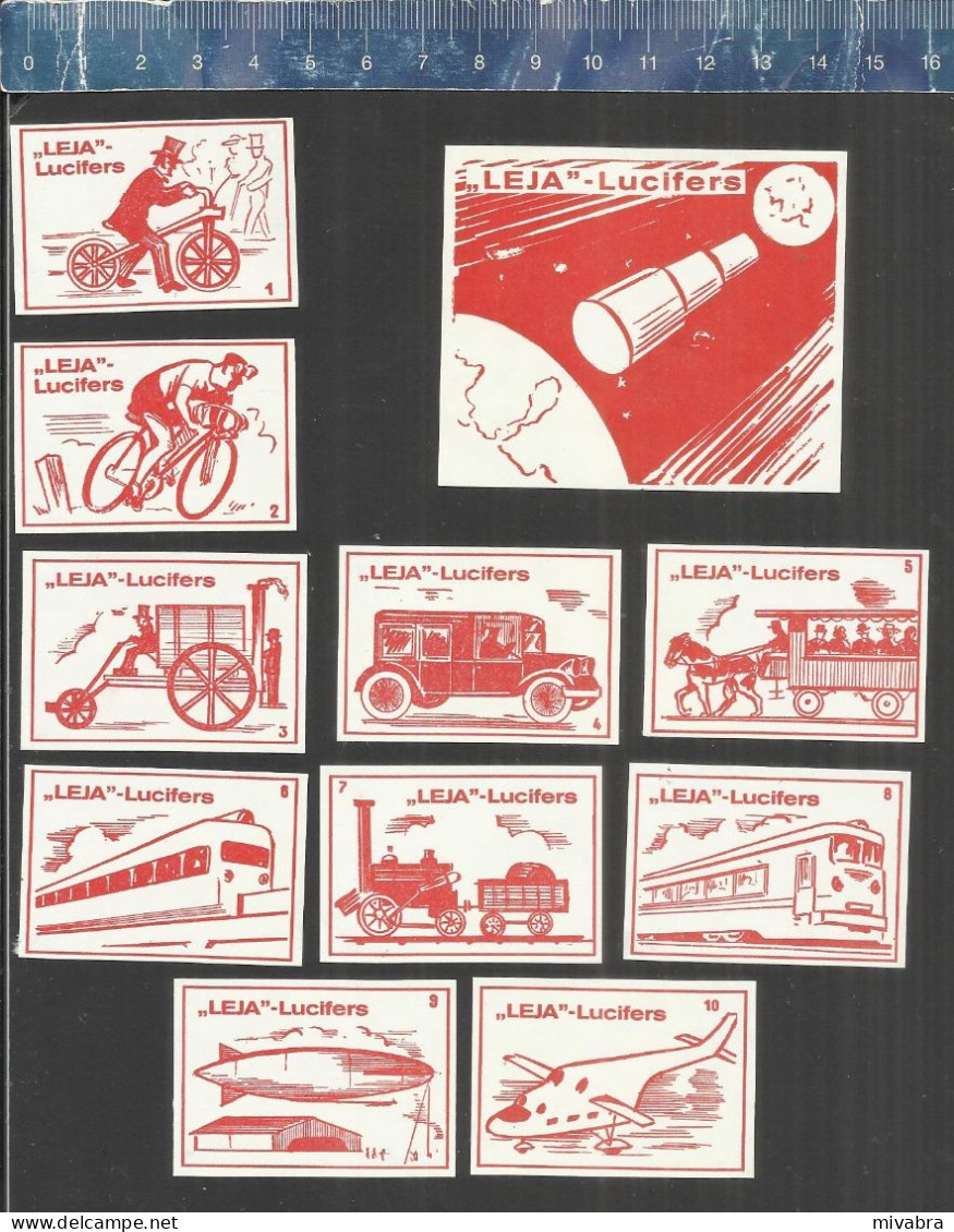 LEJA - HISTORY OF TRANSPORT - BICYCLES CARS LOCOMOTIVES HELICOPTERE ZEPPELIN SPACE ...MATCHBOX LABELS THE NETHERLANDS - Boites D'allumettes - Etiquettes