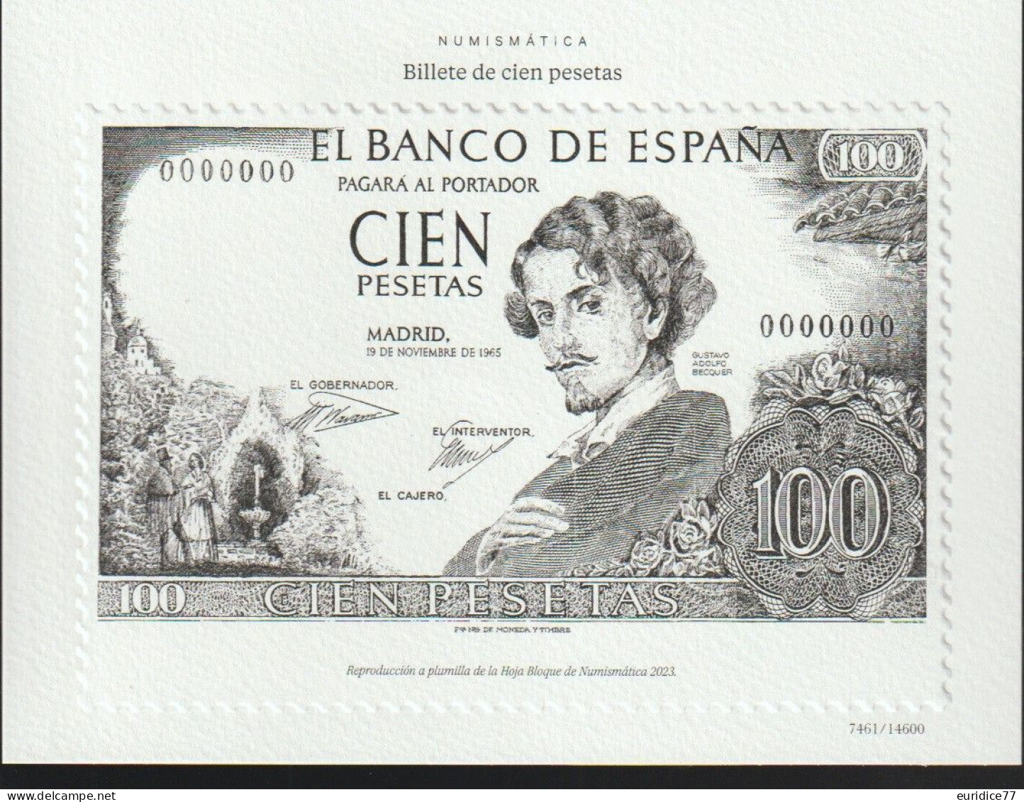 Spain España Espagne 2023 - Billete De 100 Pesetas Reproduccion A Plumilla De HB Numismatica - Essais & Réimpressions