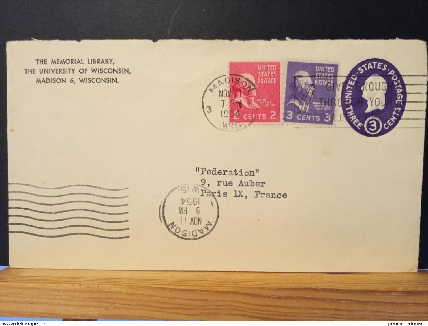 Lettre Des USA  Du 11 Novembre 1954 Depuis Madison Dans Le Wisconsin Pour Paris 09. Très Propre - Storia Postale