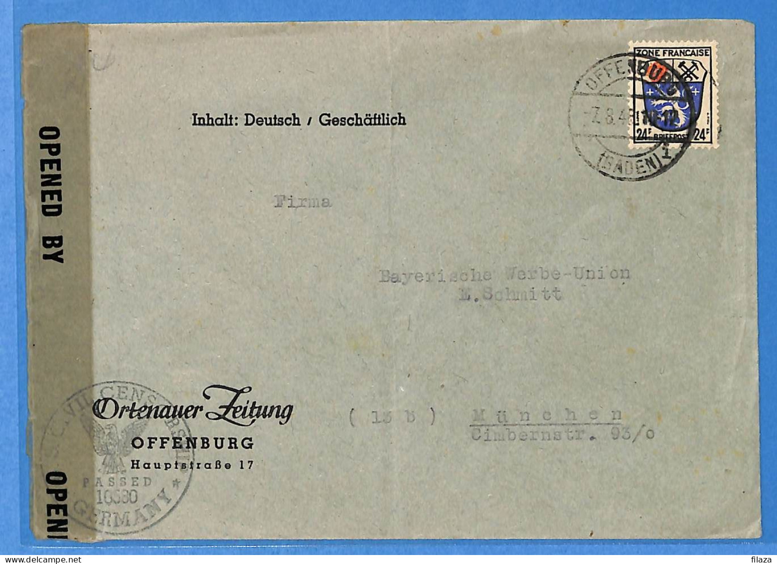 Allemagne Zone Française 1948 - Lettre Avec Censure De Offenburg - G29430 - Otros & Sin Clasificación