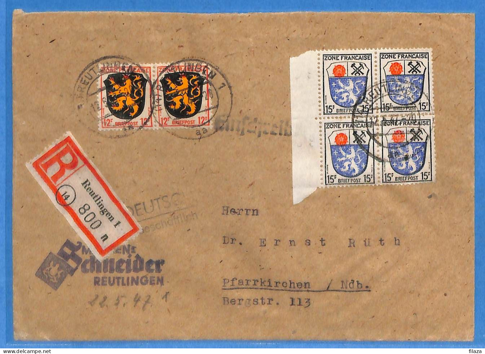 Allemagne Zone Française 1947 - Lettre Einschreiben De Reutlingen - G29379 - Sonstige & Ohne Zuordnung