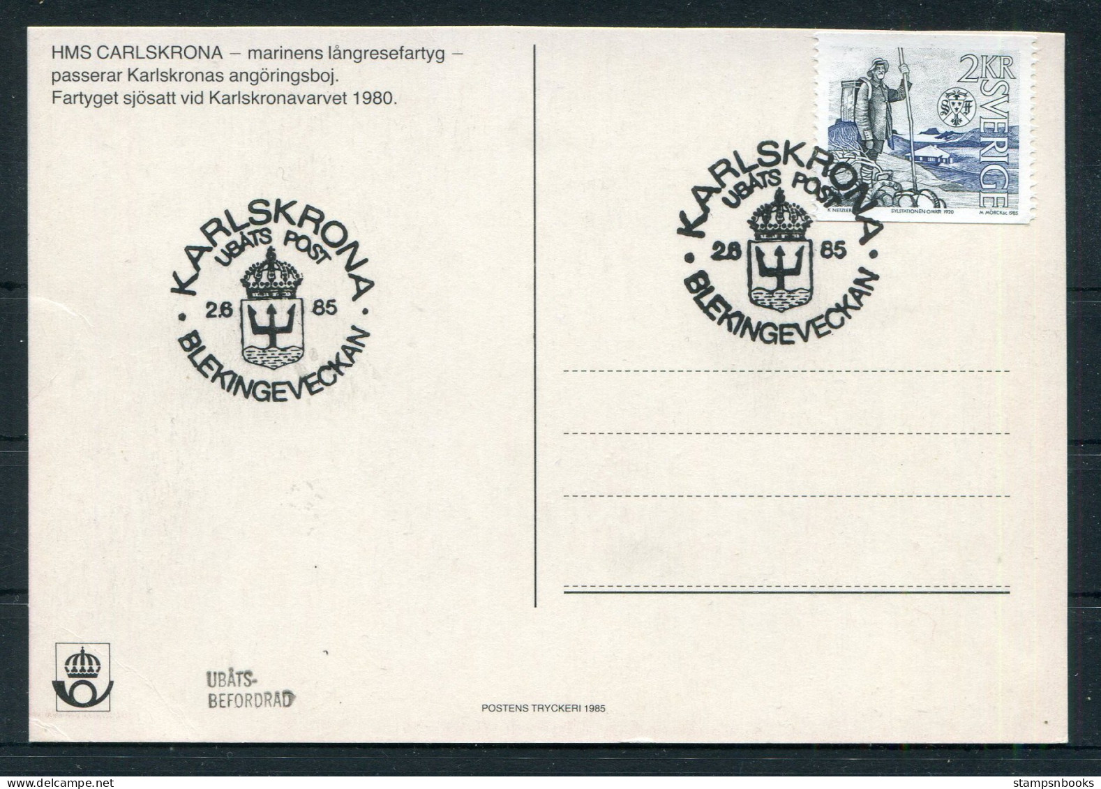1985 Sweden HMS CARLSKRONA Ship Postcard - Briefe U. Dokumente