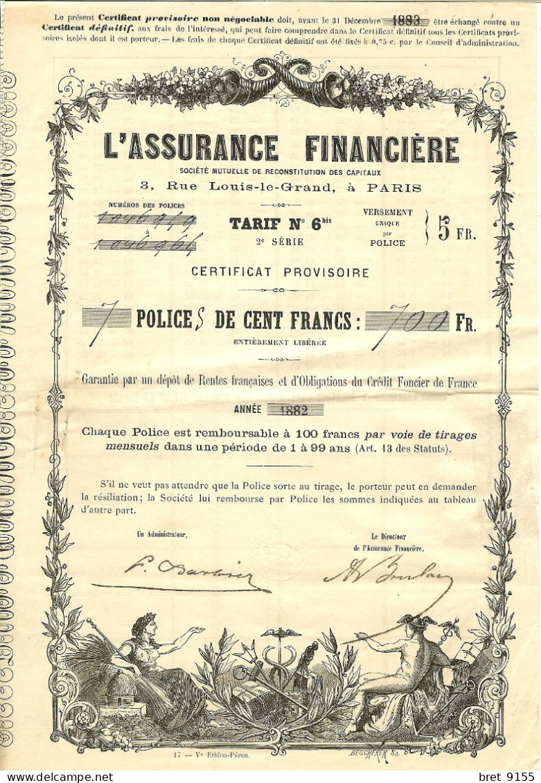 L ASSURANCE FINANCIERE PARIS GARANTIE PAR UN DEPOT DE RENTES FRANCAISES ET D OBLIGATIONS DU CREDIT FONCIER DE FRANCE - Banca & Assicurazione