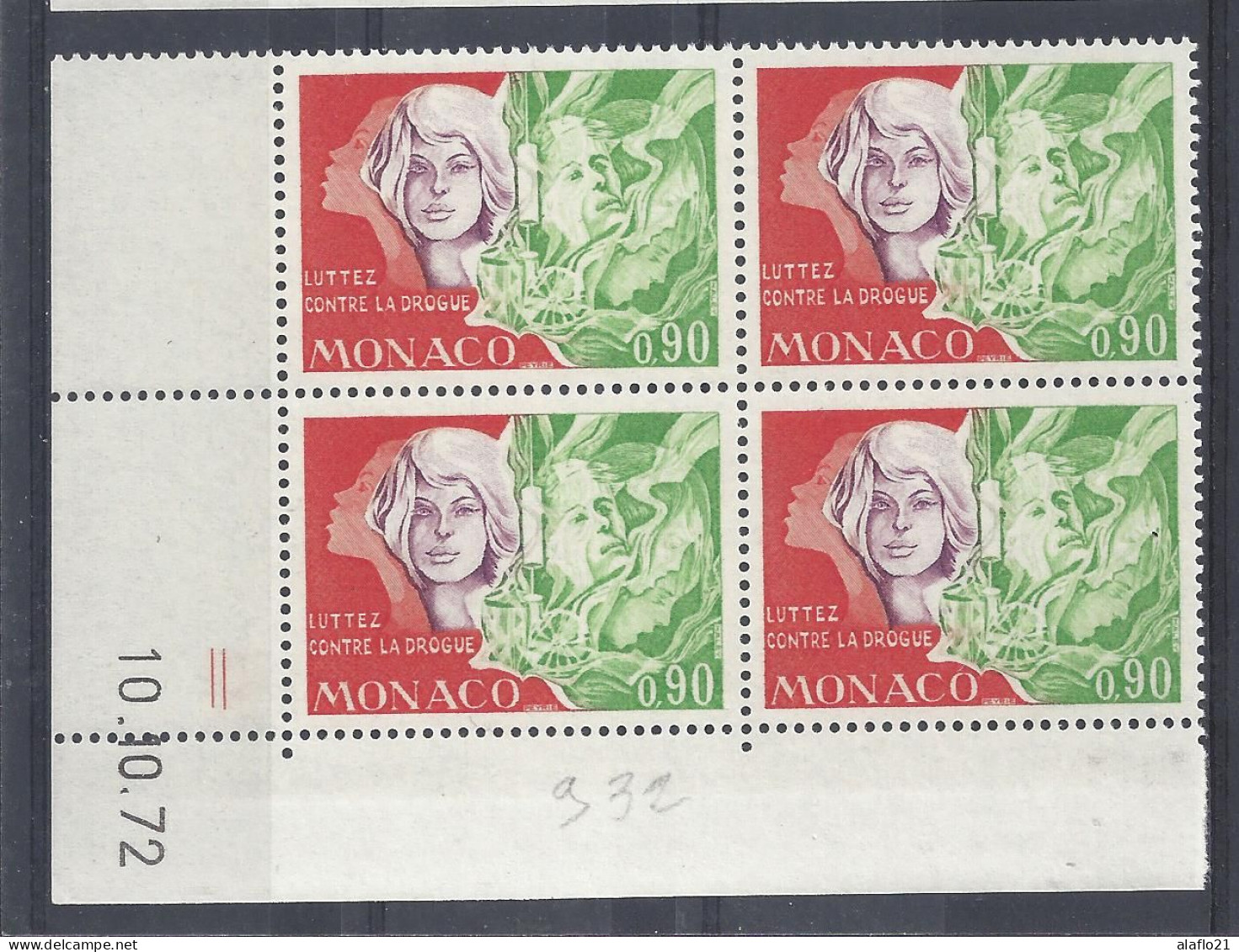 MONACO - N° 932 - CONTRE La DROGUE - Bloc De 4 COIN DATE - NEUF SANS CHARNIERE - 10/10/72 - Unused Stamps