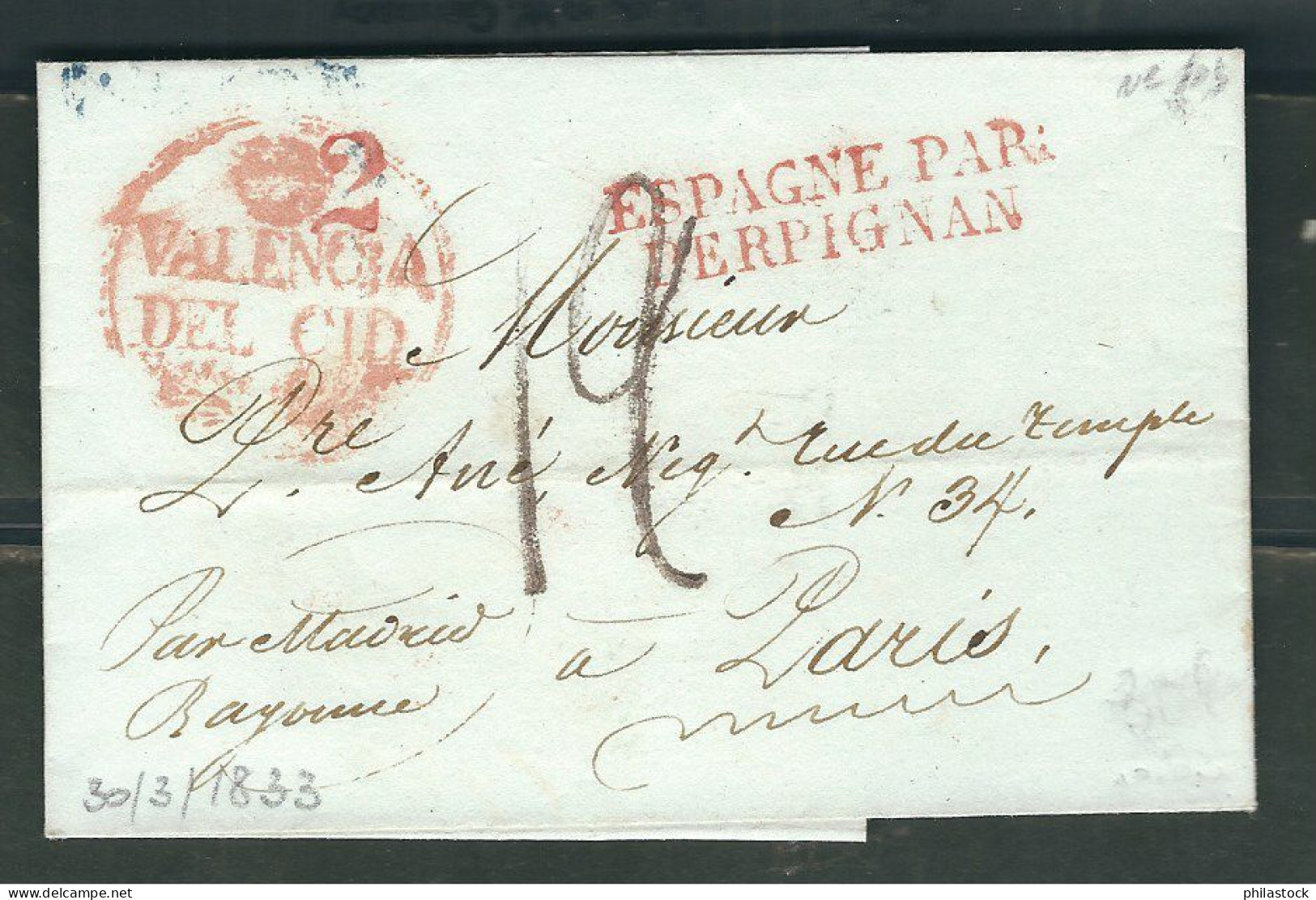 ESPAGNE 1833 Marque Postale  Taxée Consulat De France Valence Pour Paris Cachet D'entrée Espagne Par Perpignan - ...-1850 Prephilately