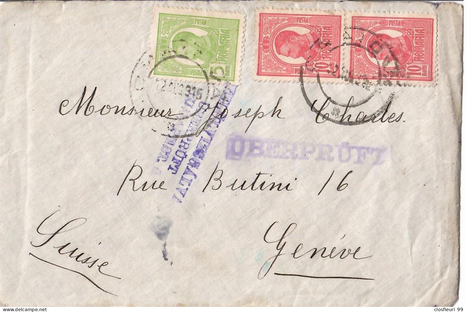 Censure : De Craiova 8.9.1915 Pour Genève, Haliog Alaskan Fölbontatott /Uberpruft - Lettres 1ère Guerre Mondiale