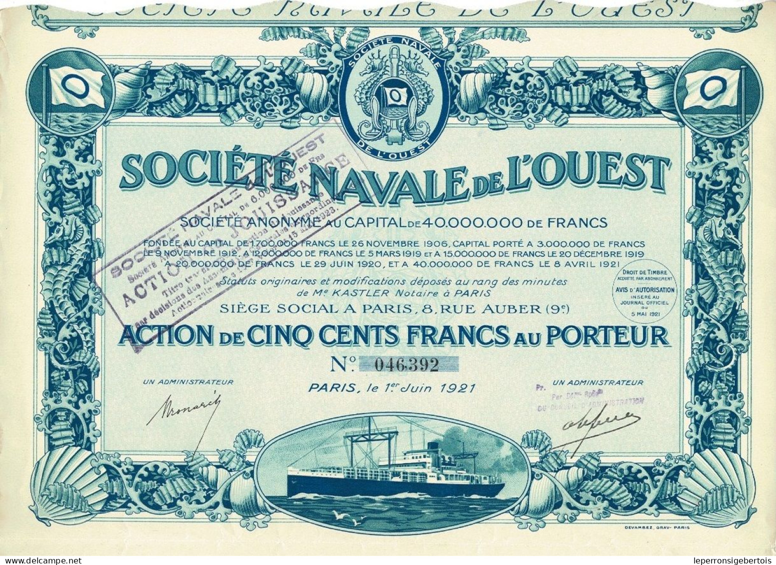 Titre De 1921 - Société Navale De L' Ouest - Belle Déco - Navigation