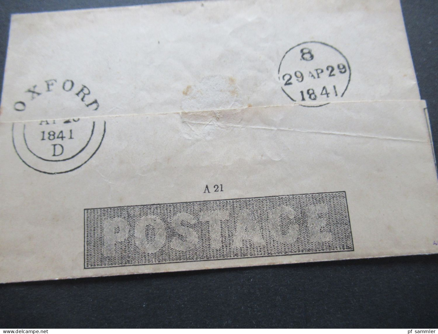 GB 1841 Mulready one Penny Oxford - London / kompletter Umschlag mit schwarzem Malteserkreuz / Postage A 21