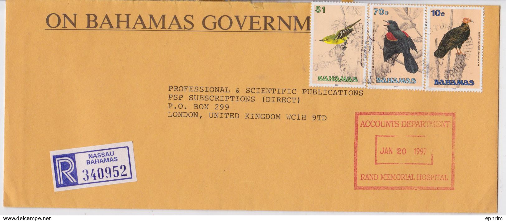 Bahamas Nassau Lettre Recommandée Timbre Oiseau 1991 Bird Stamp Registered Air Mail Cover 1997 - Bahamas (1973-...)