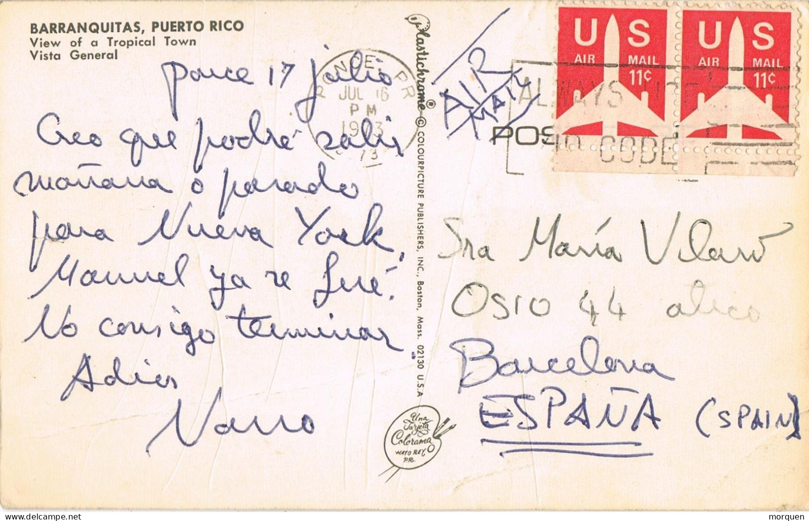 54171. Postal Aerea PONCE (Puerto Rico) USA 1973. Vista De BARRANQUITAS - Covers & Documents