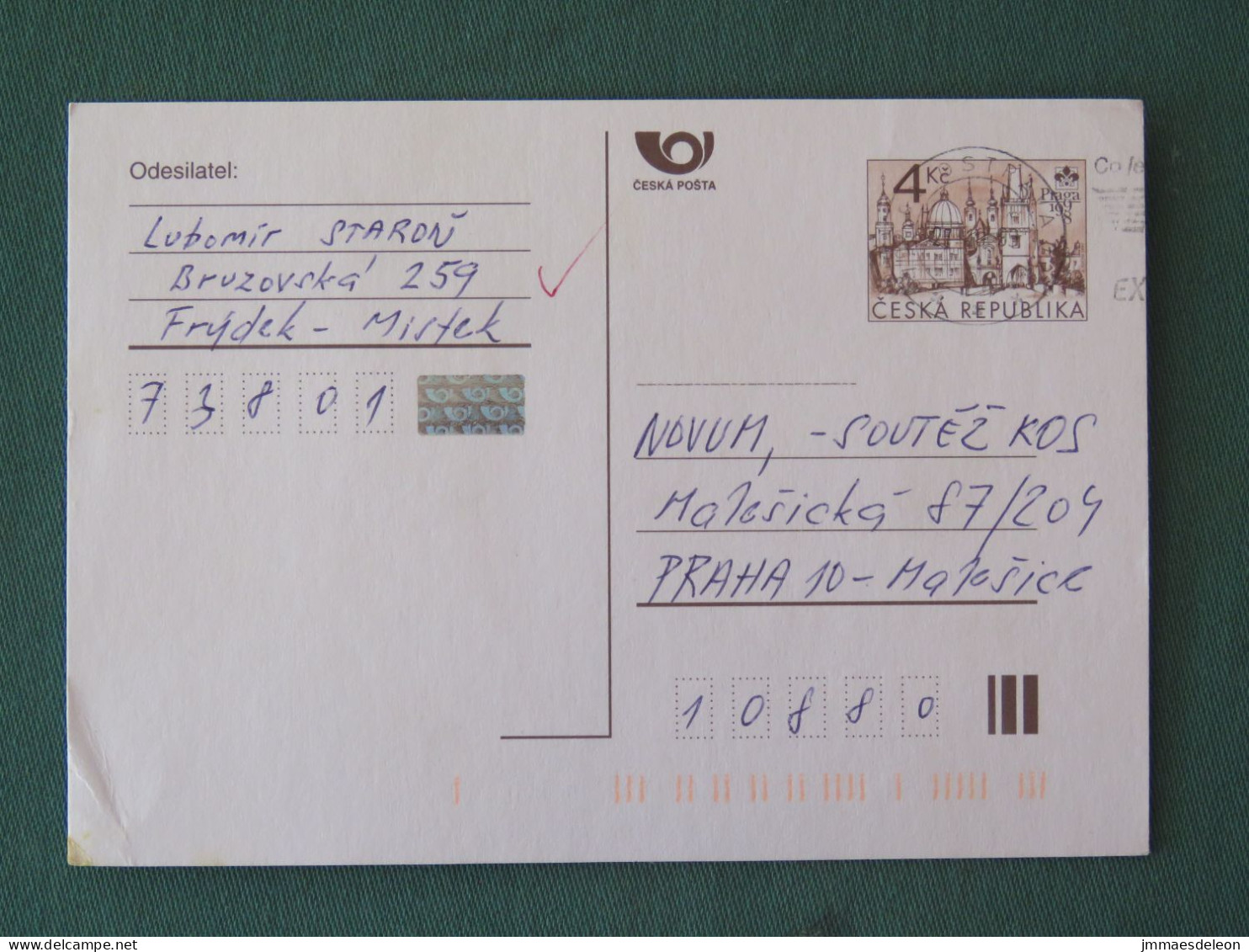 Czech Republic 1999 Stationery Postcard 4 Kcs "Prague 1998" Sent Locally - Brieven En Documenten