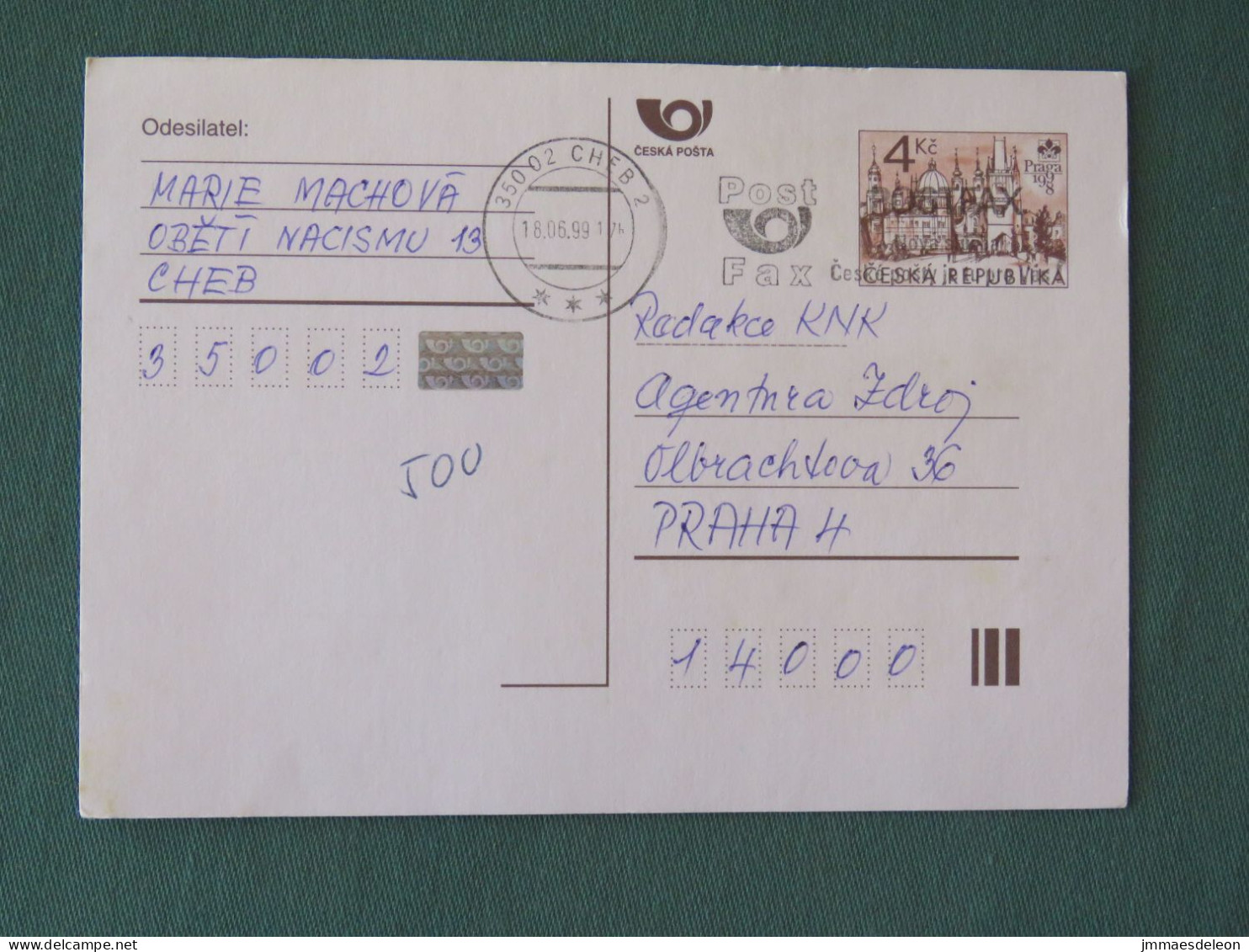 Czech Republic 1999 Stationery Postcard 4 Kcs "Prague 1998" Sent Locally From Cheb, EMS Slogan - Cartas & Documentos