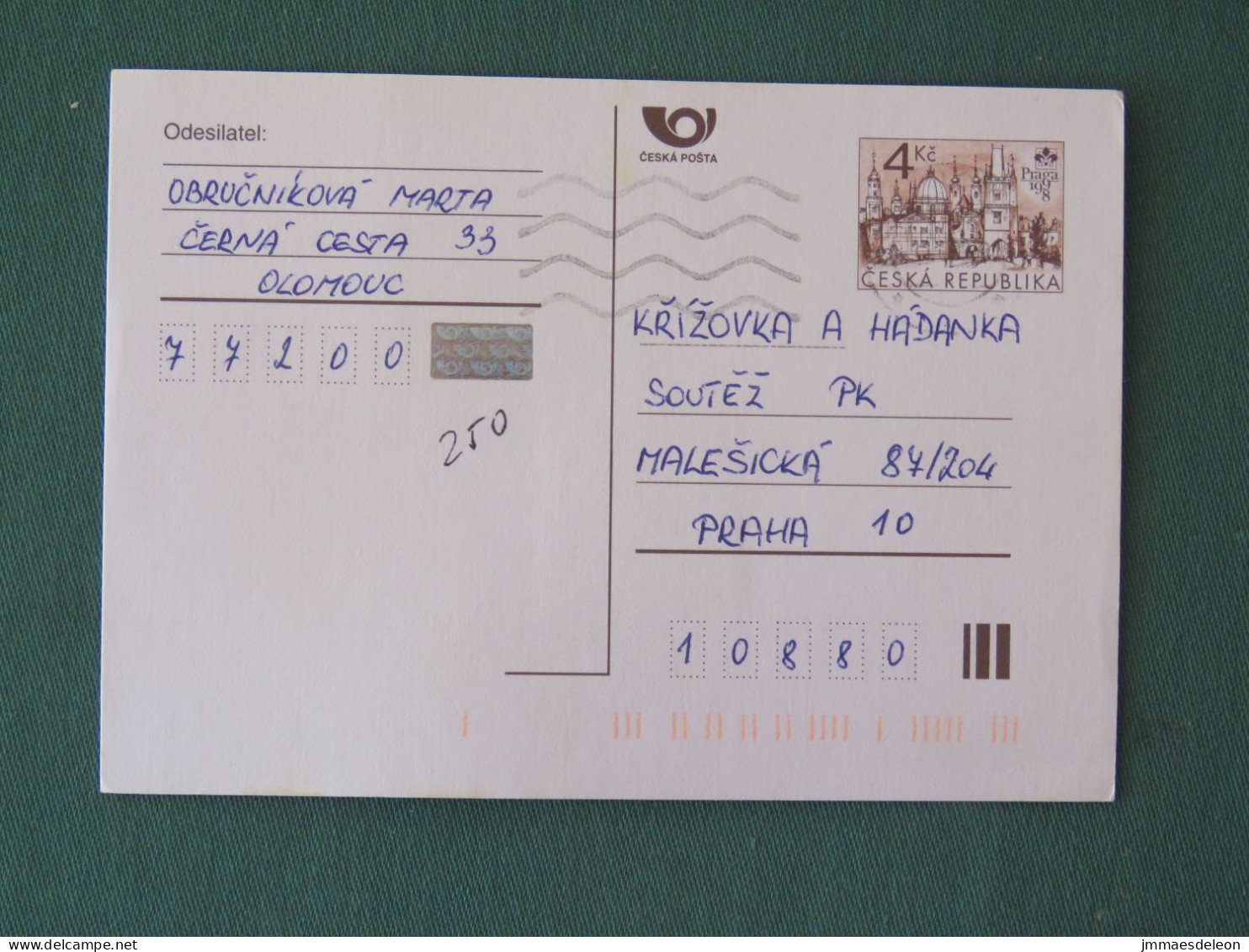 Czech Republic 1999 Stationery Postcard 4 Kcs "Prague 1998" Sent Locally - Lettres & Documents