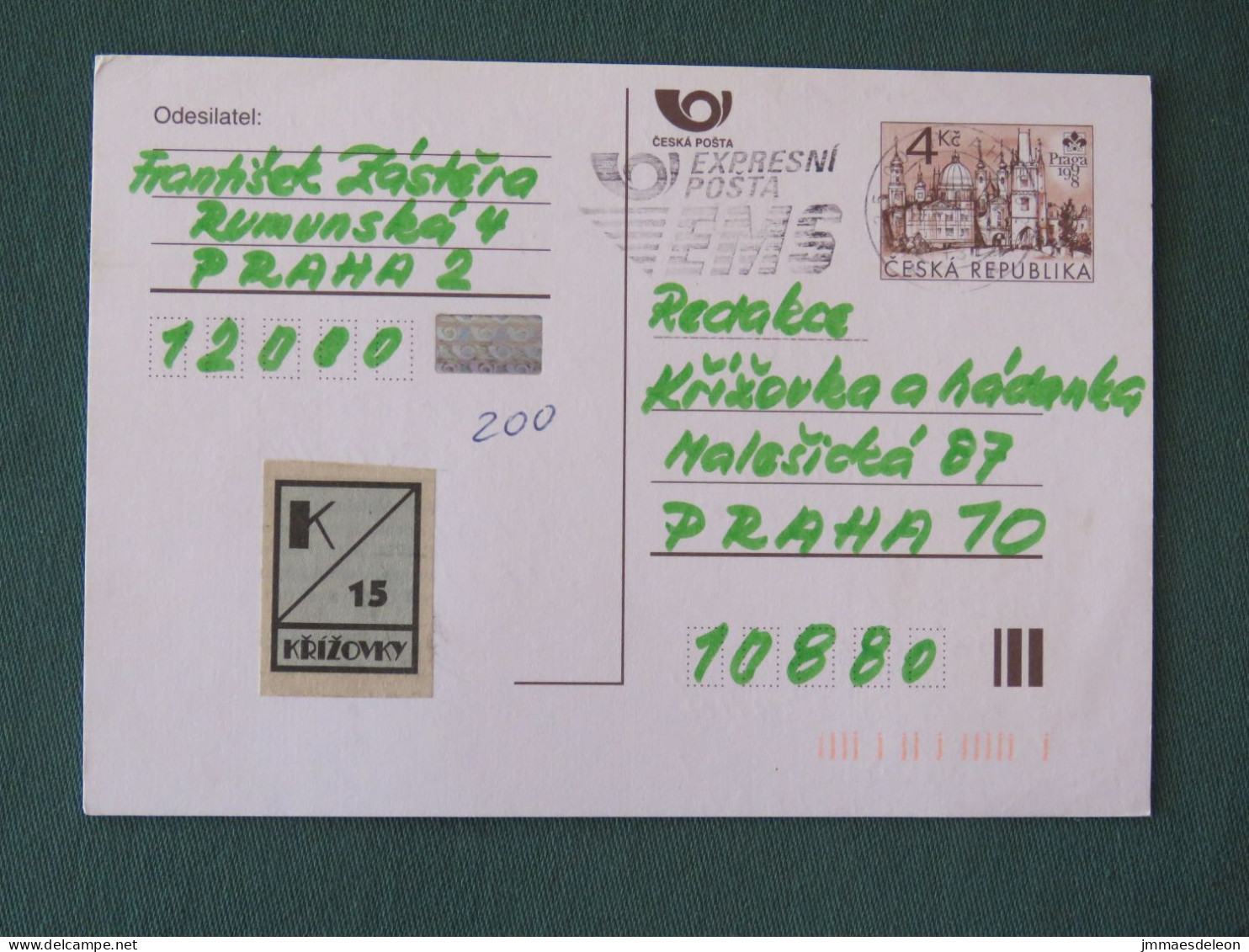 Czech Republic 1999 Stationery Postcard 4 Kcs "Prague 1998" Sent Locally From Prague, EMS Slogan - Cartas & Documentos