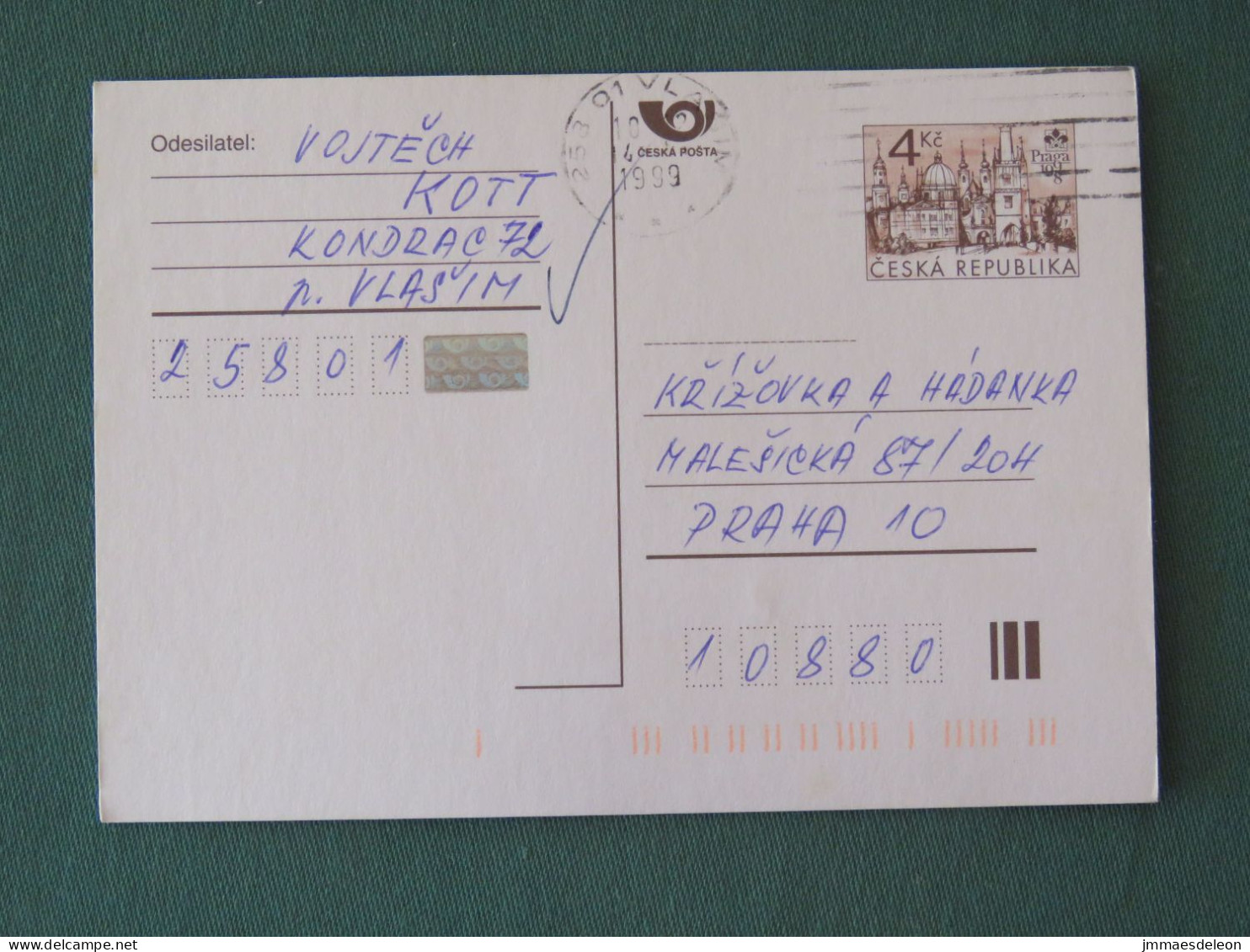 Czech Republic 1999 Stationery Postcard 4 Kcs "Prague 1998" Sent Locally - Briefe U. Dokumente