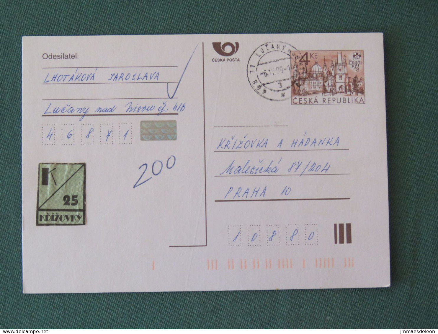 Czech Republic 1999 Stationery Postcard 4 Kcs "Prague 1998" Sent Locally - Storia Postale