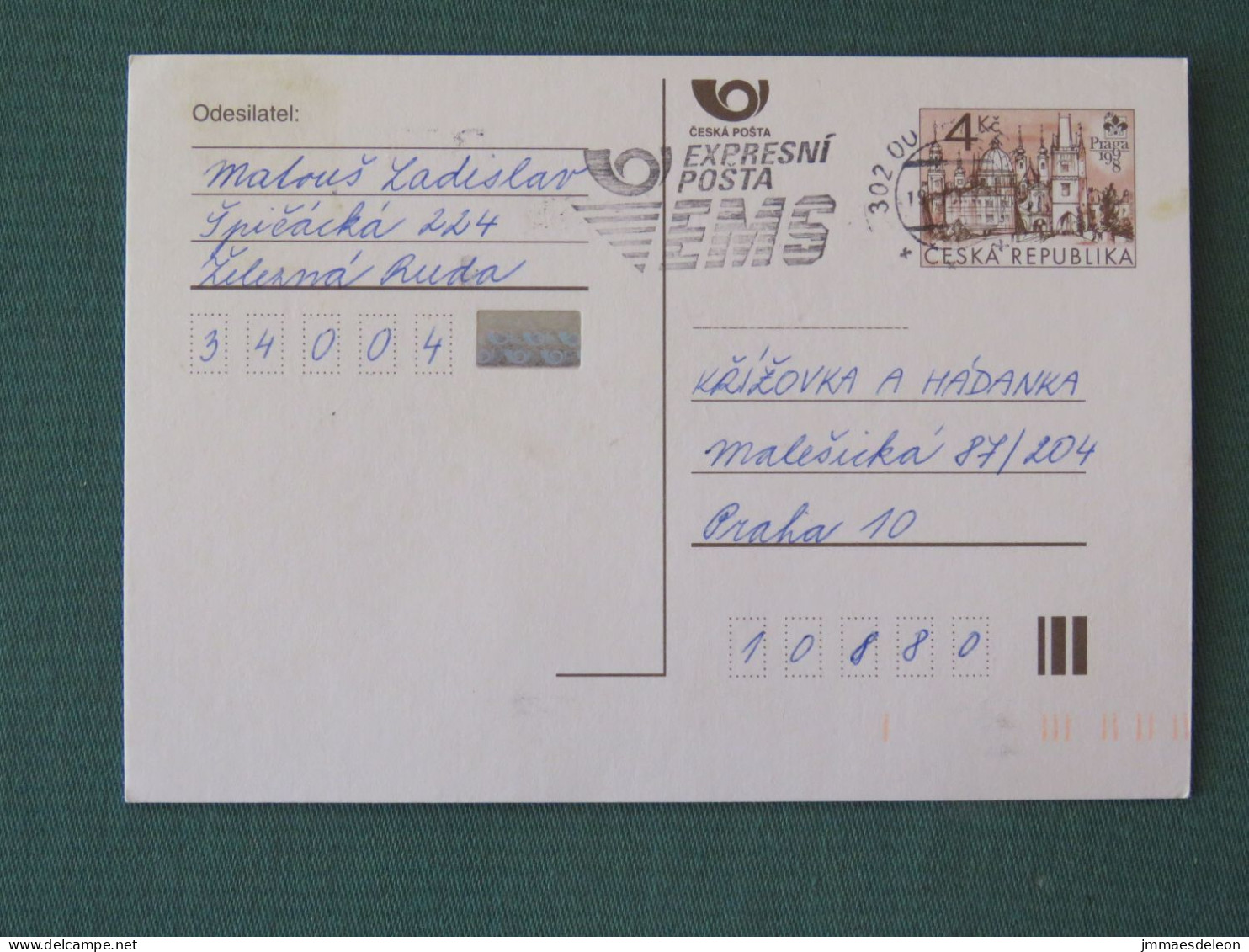 Czech Republic 1999 Stationery Postcard 4 Kcs "Prague 1998" Sent Locally From Prague, EMS Slogan - Cartas & Documentos