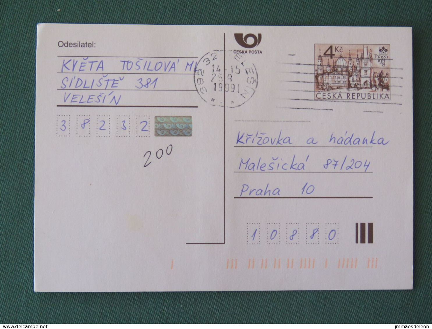 Czech Republic 1999 Stationery Postcard 4 Kcs "Prague 1998" Sent Locally - Brieven En Documenten