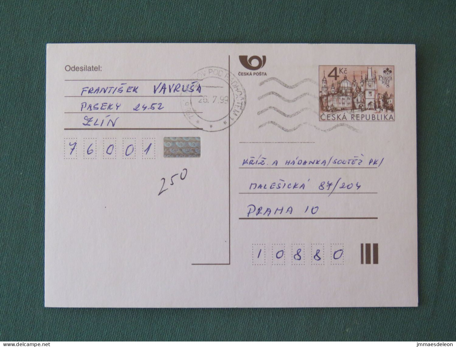 Czech Republic 1999 Stationery Postcard 4 Kcs "Prague 1998" Sent Locally - Cartas & Documentos