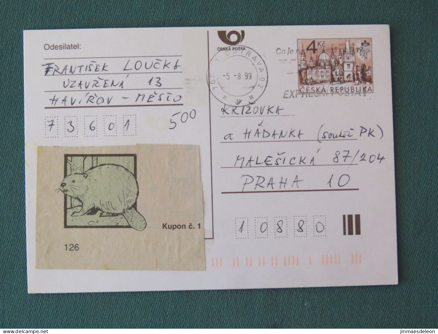 Czech Republic 1999 Stationery Postcard 4 Kcs "Prague 1998" Sent Locally - Briefe U. Dokumente