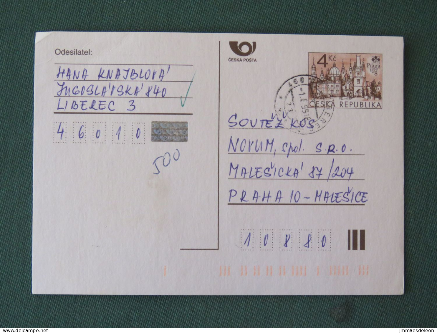 Czech Republic 1999 Stationery Postcard 4 Kcs "Prague 1998" Sent Locally - Lettres & Documents