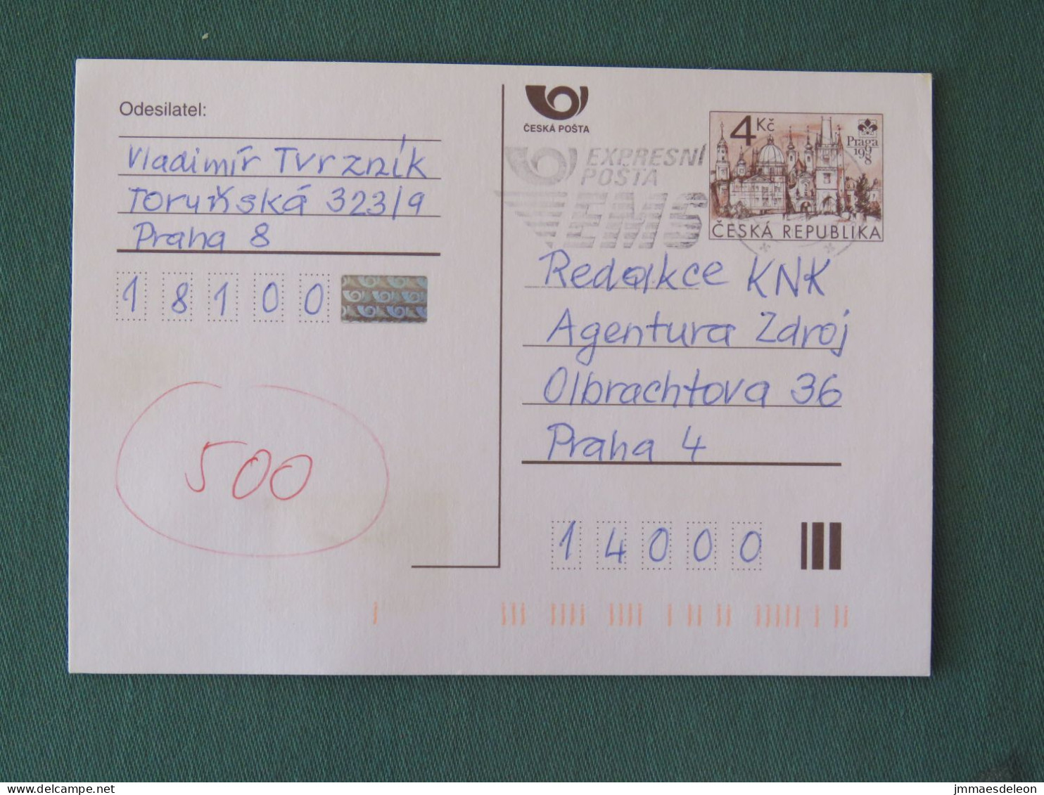 Czech Republic 1999 Stationery Postcard 4 Kcs "Prague 1998" Sent Locally From Prague, EMS Slogan - Briefe U. Dokumente