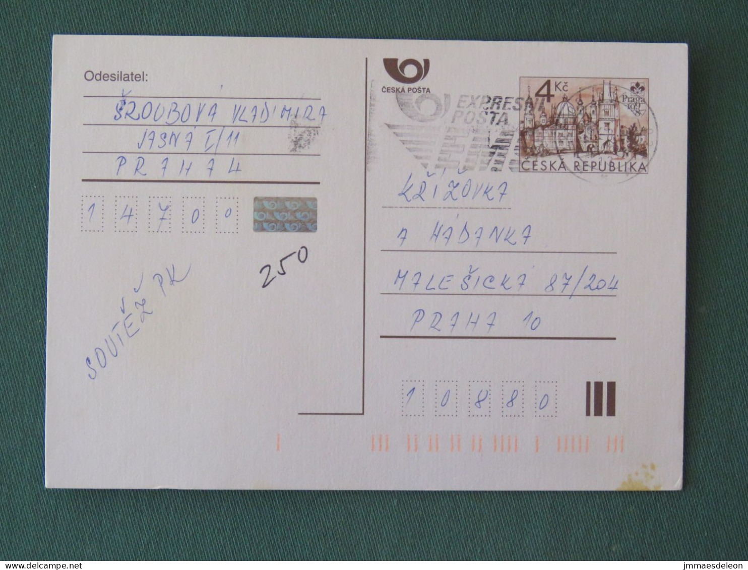 Czech Republic 1999 Stationery Postcard 4 Kcs "Prague 1998" Sent Locally From Prague, EMS Slogan - Briefe U. Dokumente