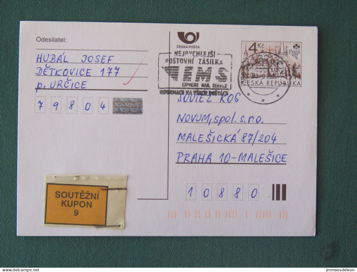 Czech Republic 1999 Stationery Postcard 4 Kcs "Prague 1998" Sent Locally From Frosfejov, EMS Slogan - Lettres & Documents