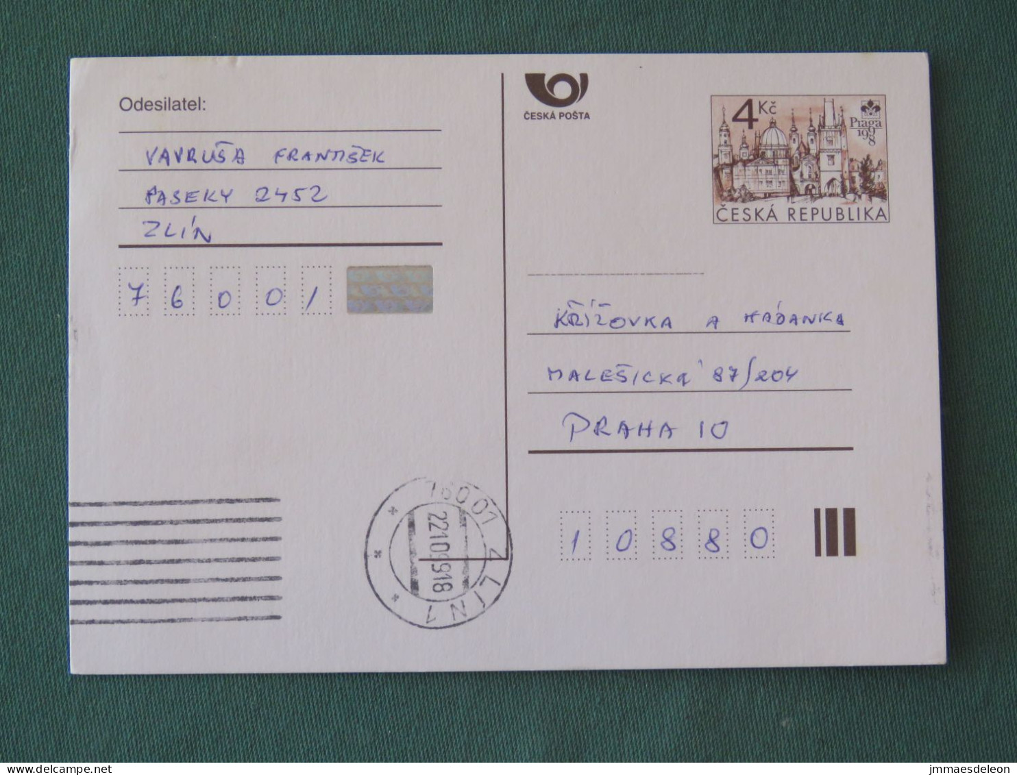 Czech Republic 1999 Stationery Postcard 4 Kcs "Prague 1998" Sent Locally - Briefe U. Dokumente