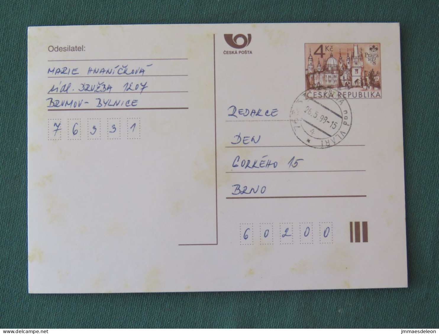 Czech Republic 1999 Stationery Postcard 4 Kcs "Prague 1998" Sent Locally - Briefe U. Dokumente