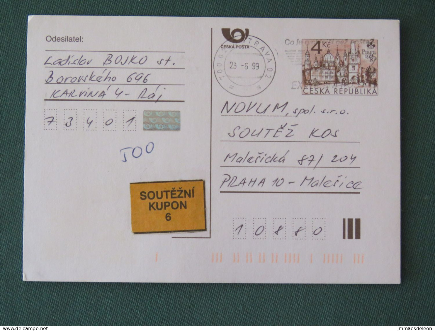 Czech Republic 1999 Stationery Postcard 4 Kcs "Prague 1998" Sent Locally - Covers & Documents