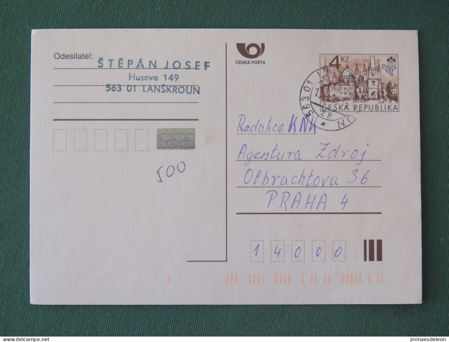 Czech Republic 1999 Stationery Postcard 4 Kcs "Prague 1998" Sent Locally - Briefe U. Dokumente