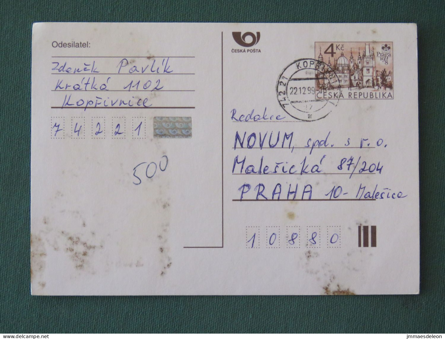 Czech Republic 1999 Stationery Postcard 4 Kcs "Prague 1998" Sent Locally - Lettres & Documents