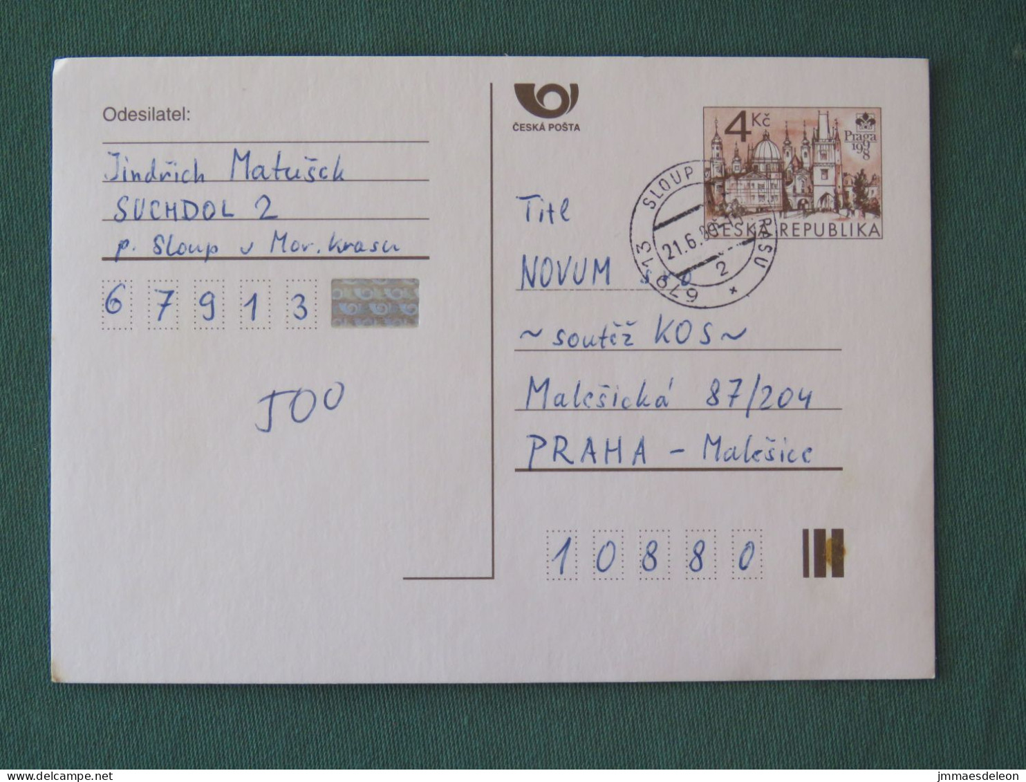 Czech Republic 1999 Stationery Postcard 4 Kcs "Prague 1998" Sent Locally - Briefe U. Dokumente