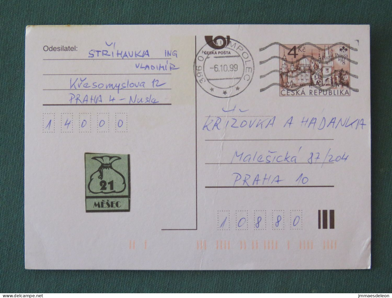 Czech Republic 1999 Stationery Postcard 4 Kcs "Prague 1998" Sent Locally - Storia Postale