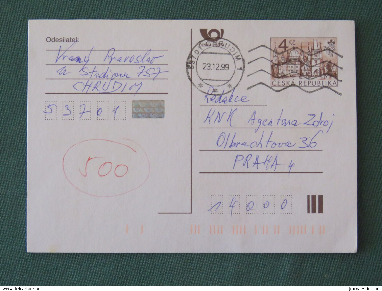 Czech Republic 1999 Stationery Postcard 4 Kcs "Prague 1998" Sent Locally - Lettres & Documents