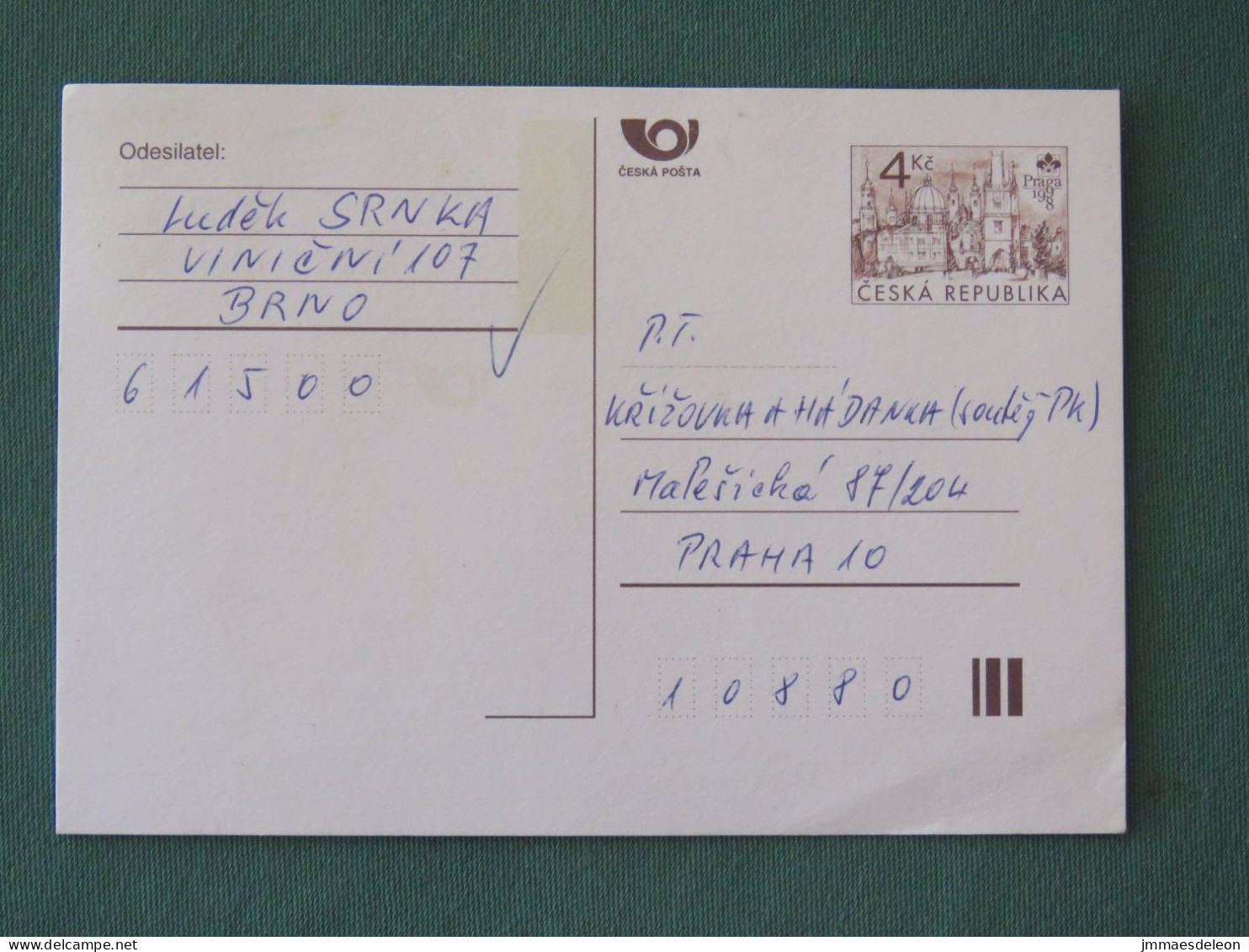 Czech Republic 1999 Stationery Postcard 4 Kcs "Prague 1998" Sent Locally - Lettres & Documents